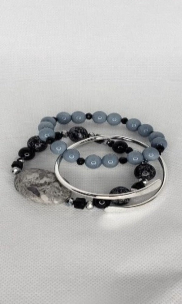 Grey & black bead bangle stack